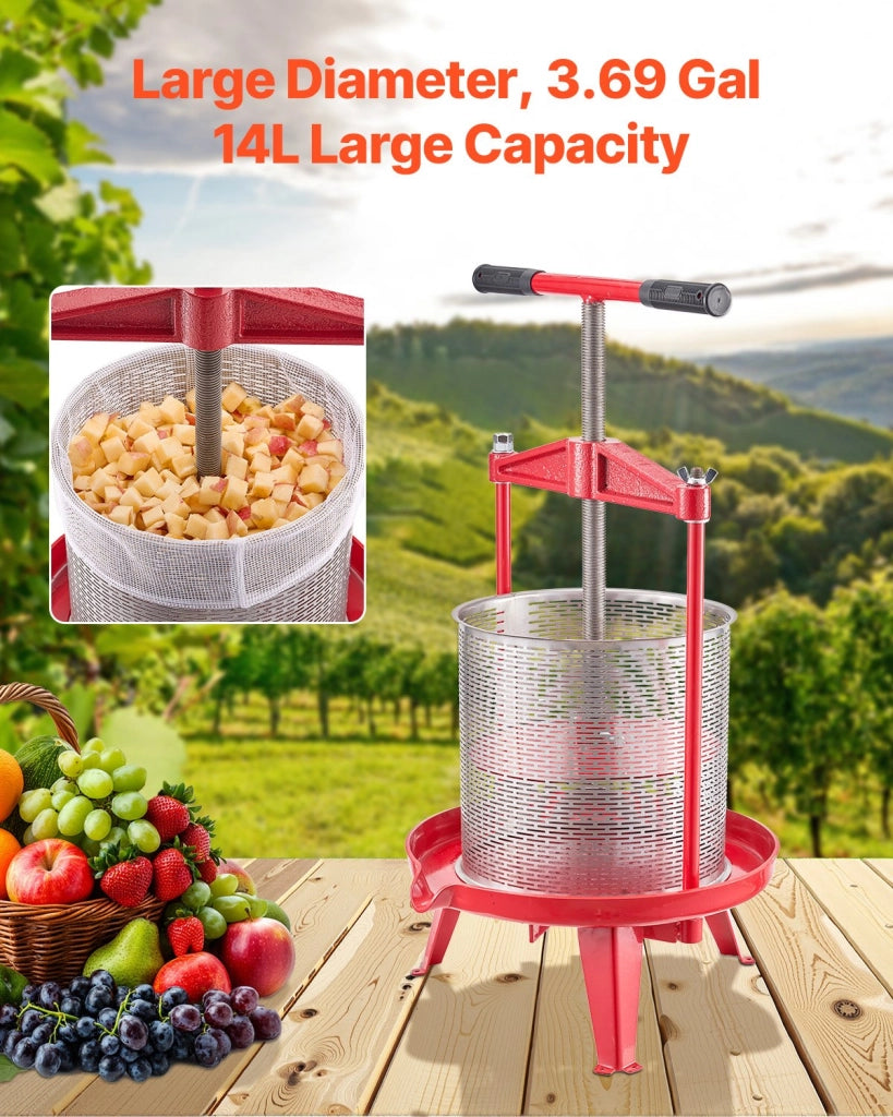 Pressa Manuale per Frutta e Vino 14L LD-BP1402 Cesto in Acciaio Inox Torchio Verticale Robusto e Pratico per Uva e Sidro