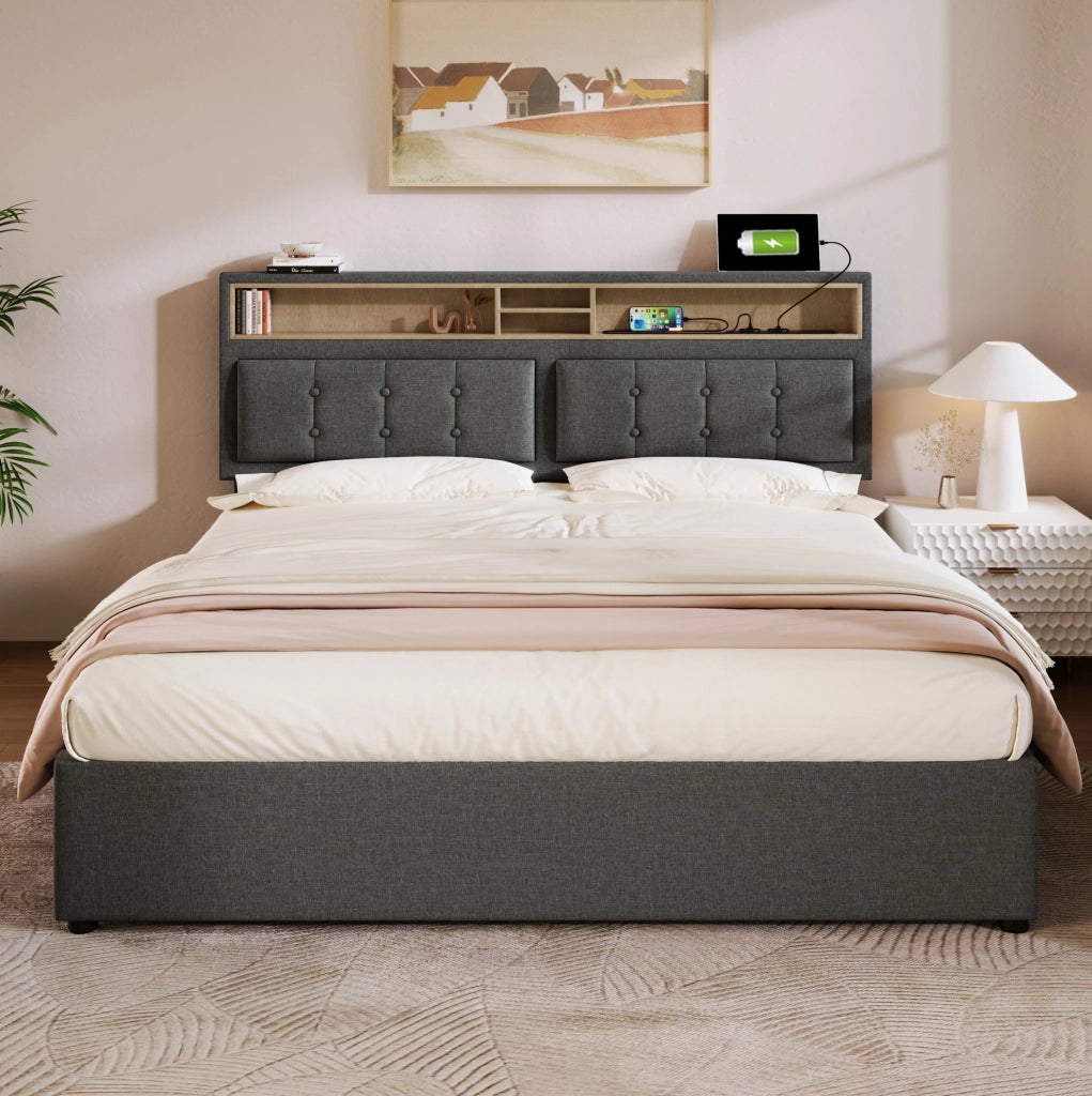 Letto matrimoniale imbottito 140x200 cm con testiera regolabile; USB e prese; grigio