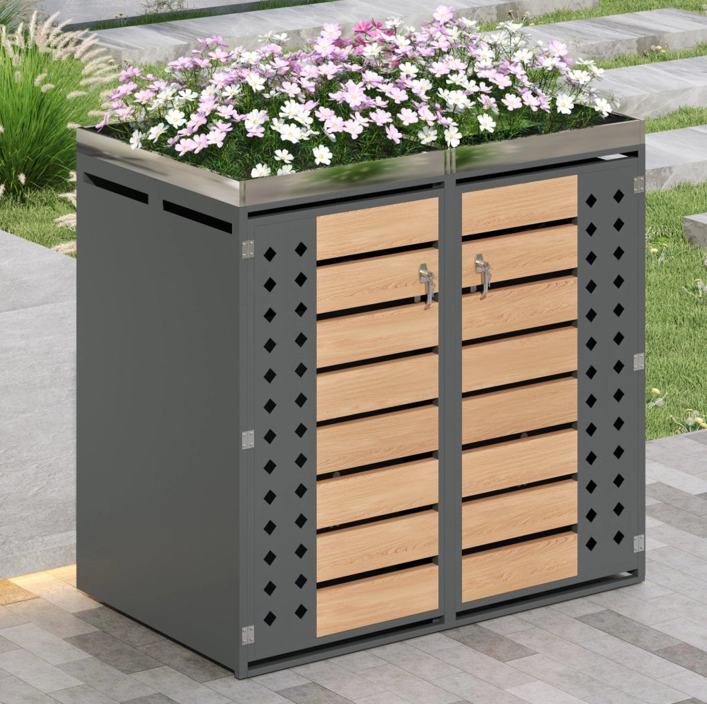Porta bidoni da esterno con fioriera integrata; 2 vani; 132x80x124;6 cm; grigio e legno