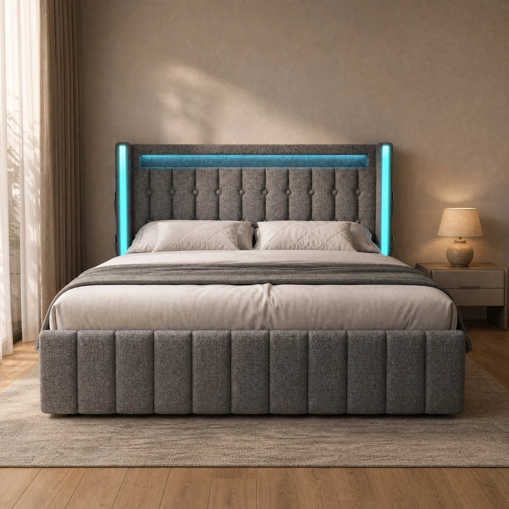 Letto imbottito matrimoniale 160x200 cm con USB Type-C, LED e 4 cassetti, struttura letto con rete in legno, grigio