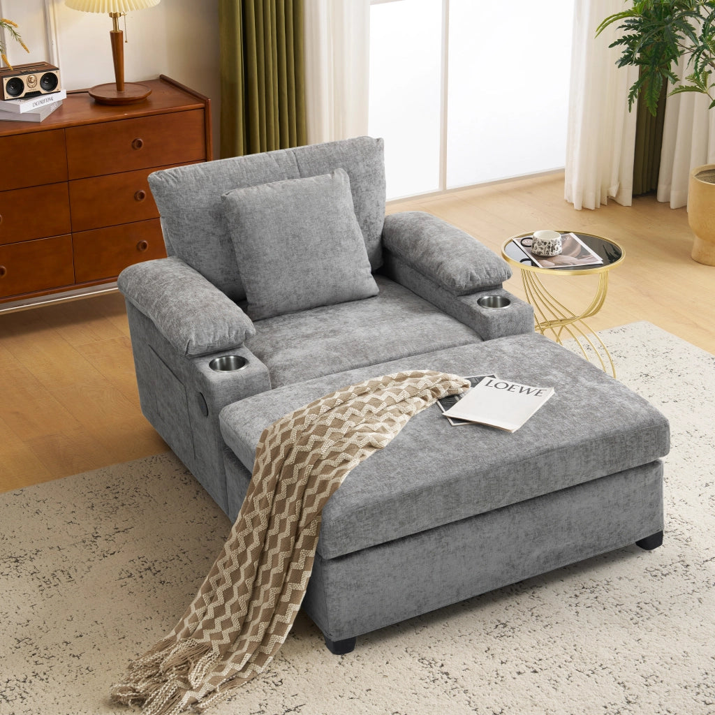 Chaise longue in ciniglia con portabicchieri, vano contenitore nei braccioli e supporto ergonomico grigio