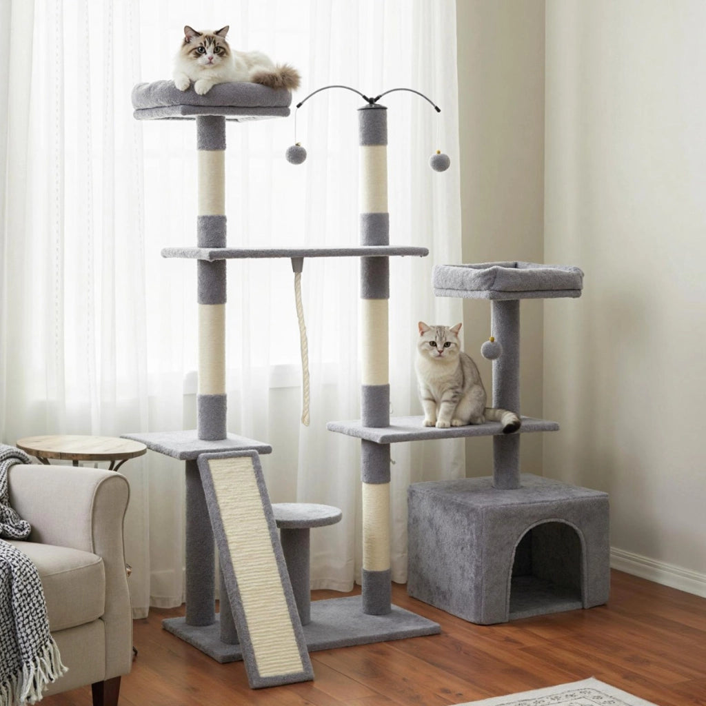 Albero per gatti 136 cm casa giochi multilivello con tiragraffi rampa, Albero per gatti 2 posatoi imbottiti ampio condo Grigio-Alberi Tiragraffi
