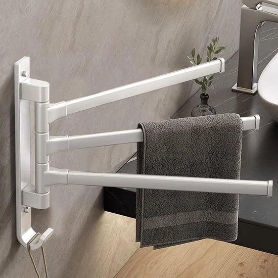 Manubrio per Asciugamani Senza Fori 33cm/13IN Manubrio per Asciugamani per Ospiti Manubrio per Asciugamani per Incollare o per Forare Adatto per Muro, Bagno e Cucina Progetto a 3 Stanghe Rotativo con Ganci in Alluminio (Grigio Opaco)