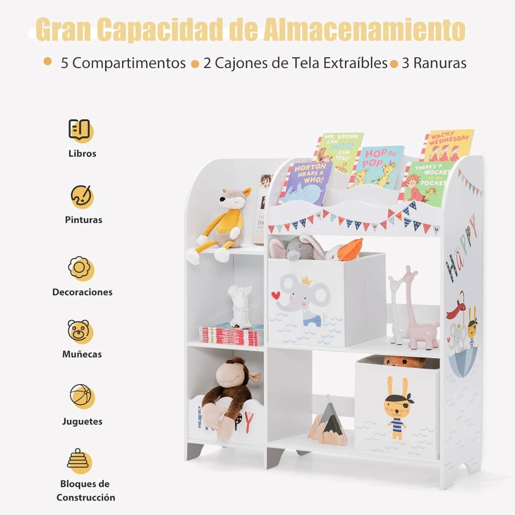 Scaffale per bambini, organizer per giocattoli con 2 scatole e 5 scomparti e 2 ripiani aperti, scaffale per giocattoli, libreria, scaffale bianco, cameretta dei bambini, camera da letto (pirati