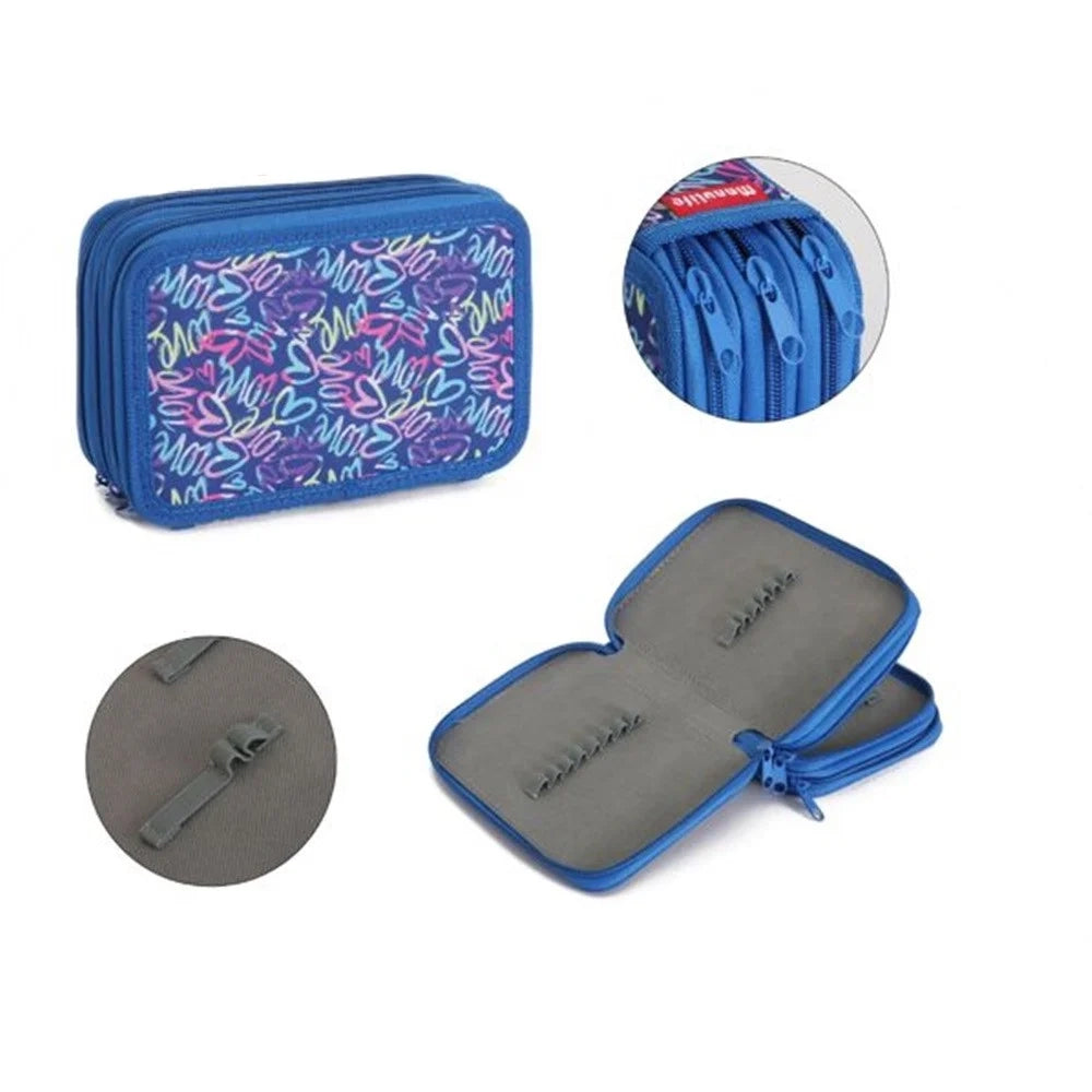 Trade Shop - Astuccio Scuola 3 Zip Cerniera Blu Motivo Con Cuori Stile Graffiti Per Matite Penne 605739 -