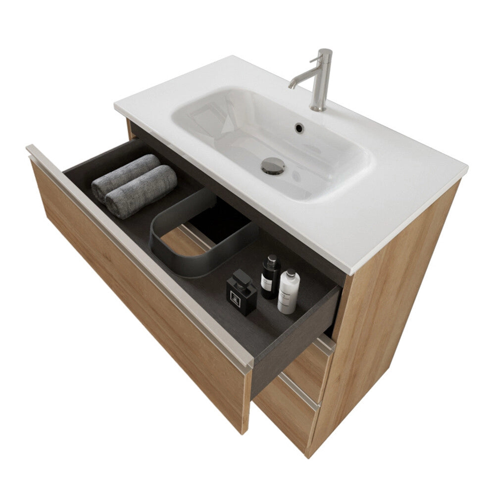 Mobile bagno con specchiera 80 cm rovere miele con cassetti e lavabo incluso Master