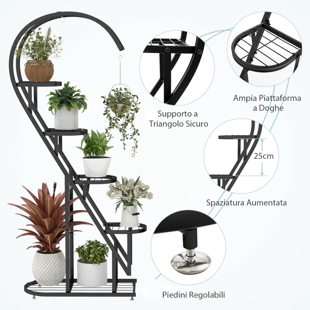 Scaffale per Piante in Metallo a 5 Livelli, Porta Piante a Forma di Cuore con Gancio, Scaffale per Fiori per Soggiorno, Camera da Letto e Balcone (Nero)