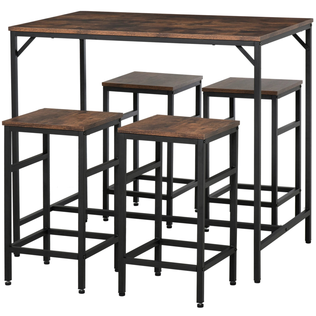 Set tavolo bar 100x60x88 cm marrone rustico e nero in truciolare e acciaio; 4 sgabelli