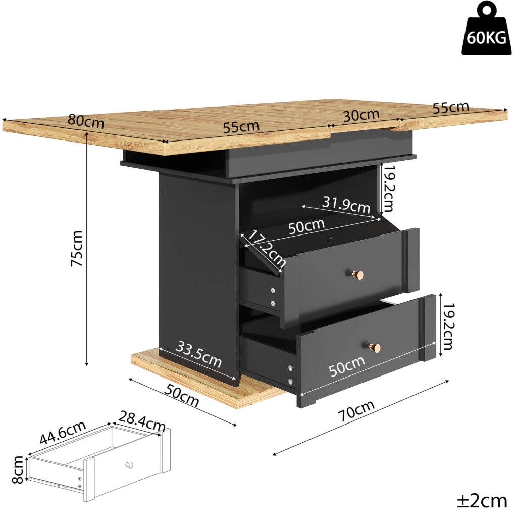 Tavolo da pranzo allungabile 110-140x80x75 cm con contenitore; MDF e metallo; nero e naturale