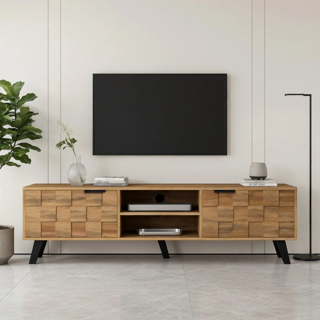 Cassettiera per TV con 2 ante e 2 scomparti aperti; colore legno; in truciolare; lunghezza 160;5 cm