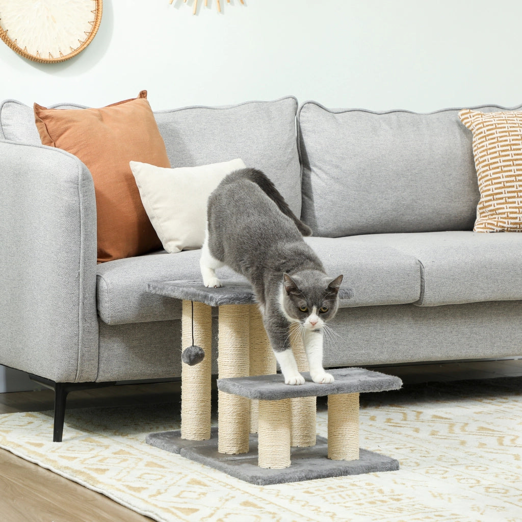 Scaletta per Cani e Gatti con 3 Scalini in Peluche e Pali Tiragraffi in Sisal. Capacit¨¤ 10 kg. Grigio