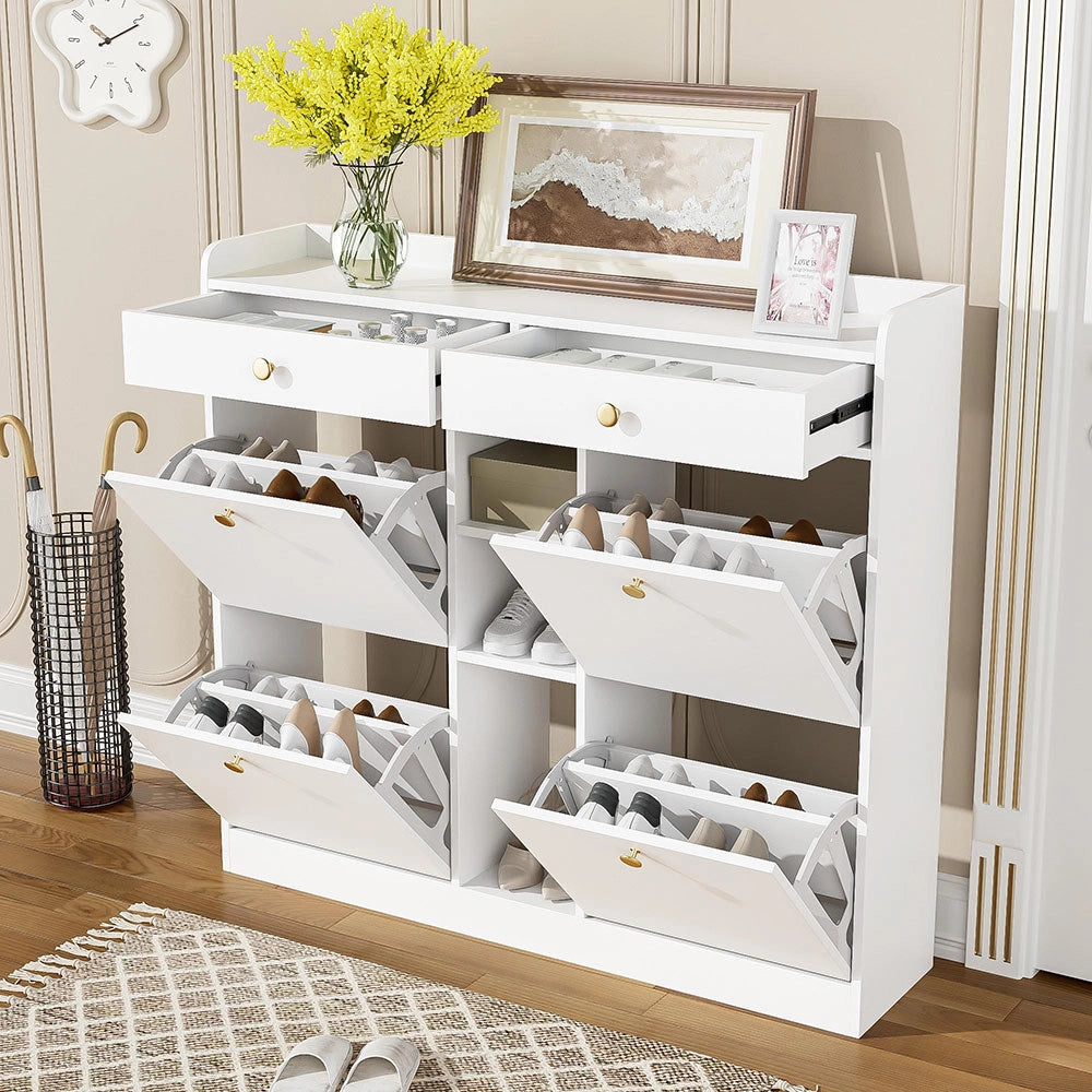 Armadietto per scarpe elegante - Xylo - 110x26x100 cm - Bianco - 4 ante battenti, 2 cassetti, 3 scomparti aperti