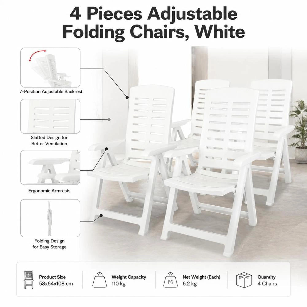 Garden Loungers, Set Of 4, Plastic, White