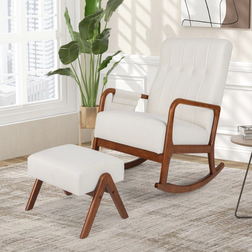 Poltrona a dondolo imbottita con schienale e tasca laterale, Sedia a dondolo con ottomana da poltrona relax Beige-Sedie e poltrone