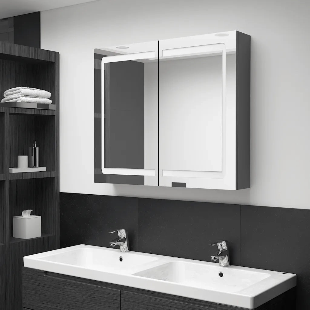 Armadietto Bagno | Armadio da bagno con Specchio e LED Grigio 80x12x68 cm