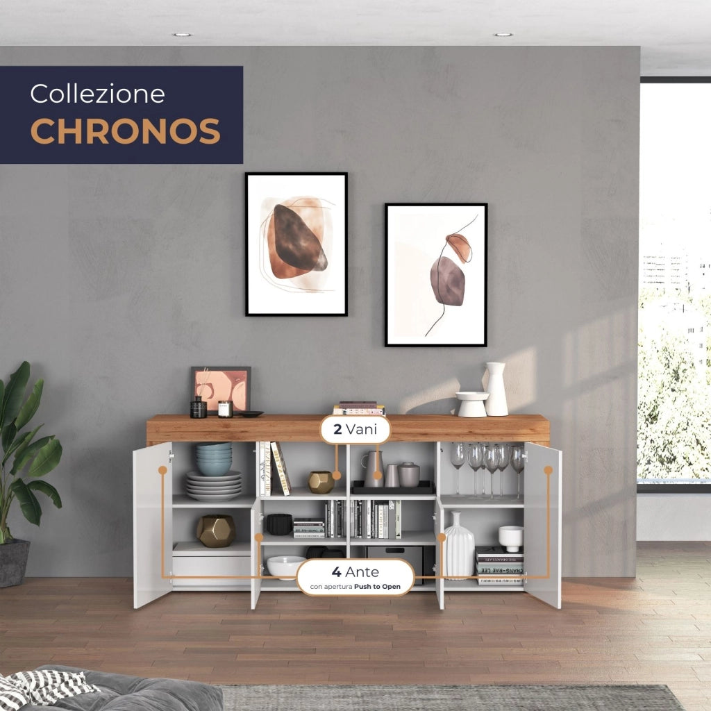 WHOUS Credenza Chronos 4 ante e 2 vani bianco lucido e rovere 200x40x85 cm