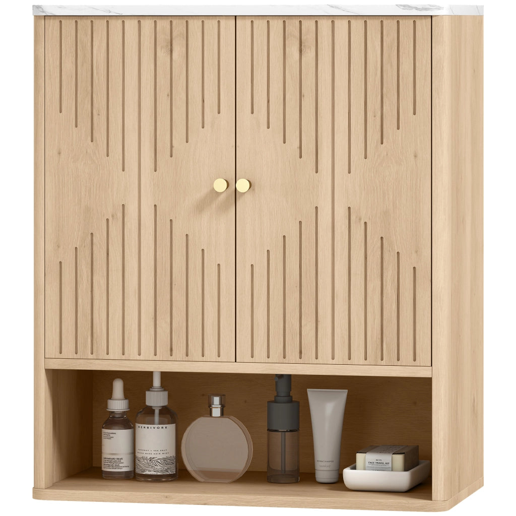 Armadietto Bagno a Parete con Ripiano Aperto e Ante Decorate. Piano Effetto Marmo. 60x18x70 cm. Rovere