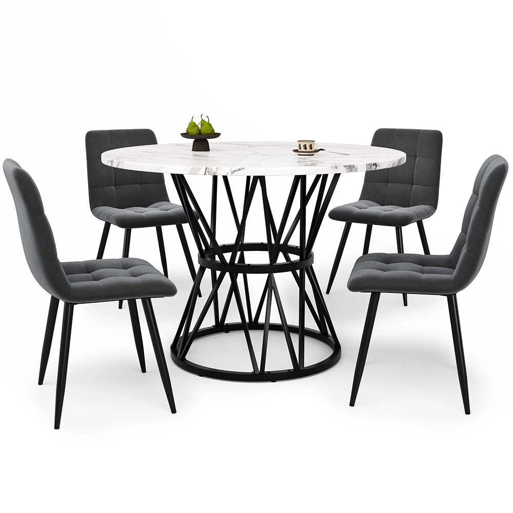 Set tavolo-Xylo-100cm rotondo 4 sedie grigio piedi neri piano marmorizzato