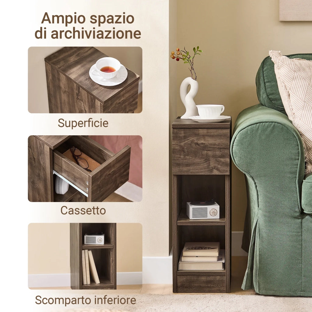 SoBuy Comodino Sottile comodino per camera da letto con cassetto e 2 ripiano comodini per camera da letto e soggiorno Tavolino divano Marrone L20 x P35 x A60 cm FBT111-SN