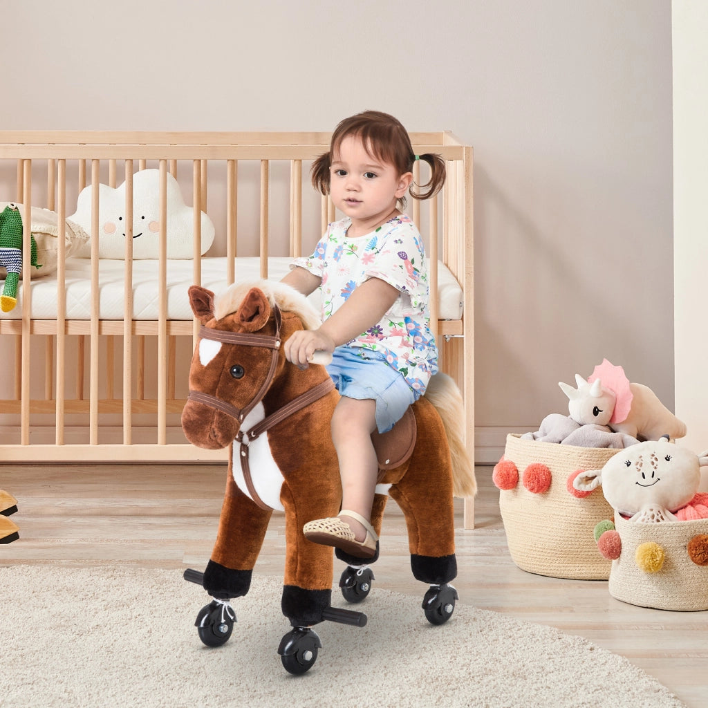 Cavallo a dondolo con ruote - Xylo - Legno, suoni, pedali, 55x23x60 cm, marrone