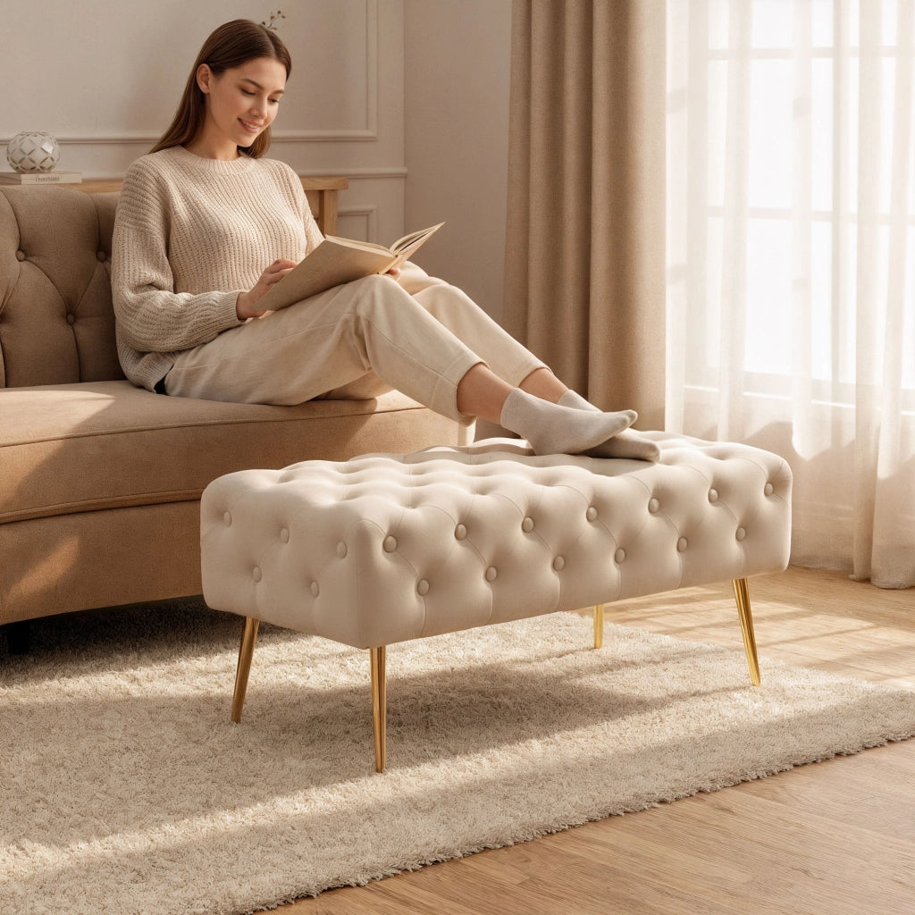 Panca imbottita in velluto trapuntato 100 cm MONACO Beige