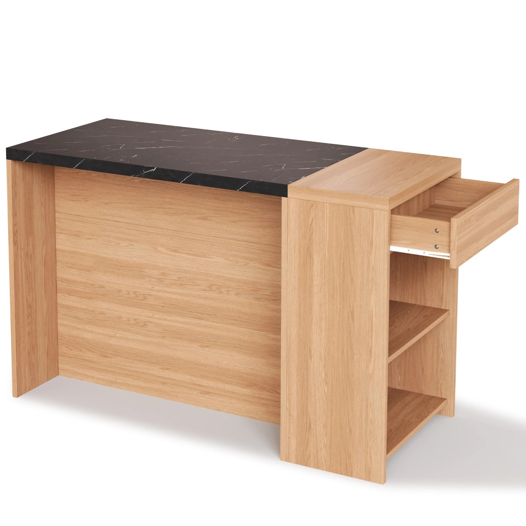 Isola cucina con bancone, 5 livelli di spazio, cassetto nascosto, effetto marmo nero e rovere, 140x60x90 cm