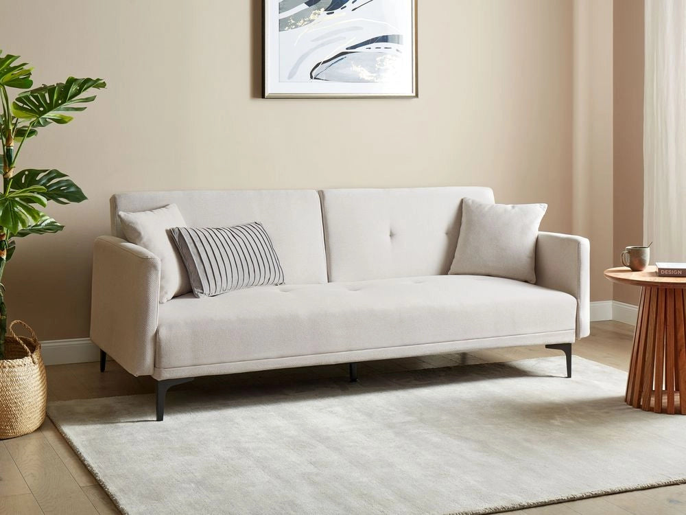 Divano letto moderno in tessuto beige chiaro a 3 posti con schienale con bottoni gambe nero design moderno scandinavo