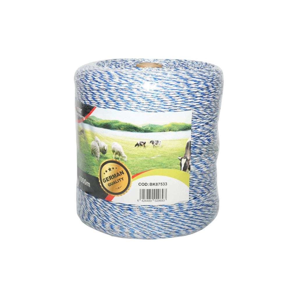 Filo per Recinto Elettrico, Lunghezza 1000 mt, Ø2mm. 6x0.2mm. SS, 3.8 Ohm/m, Colore Bianco/Blu, Recinzioni Elettriche Breckner Germany
