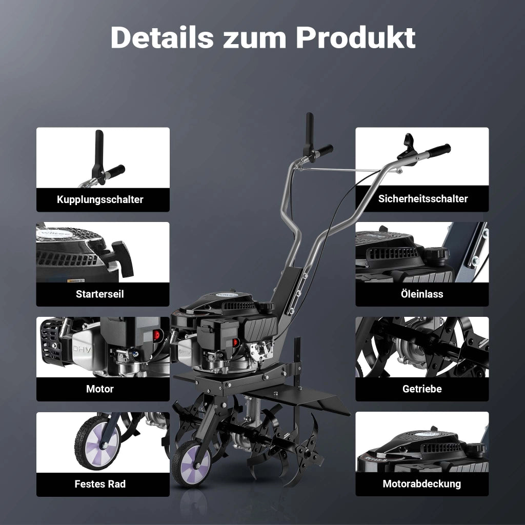 Motozappa a scoppio, fresa a scoppio, larghezza di lavoro 60 cm, profondità di lavoro 25 cm, motore a benzina a 4 tempi, 2,5 kW, 144cc , 6 set di lame