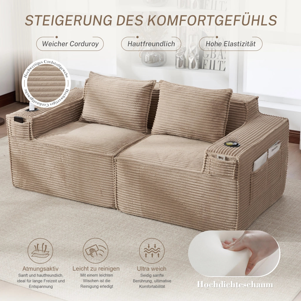 Divano modulare a 2 posti con portabicchieri e tasche laterali in velluto a coste khaki 188 × 90 × 75 cm