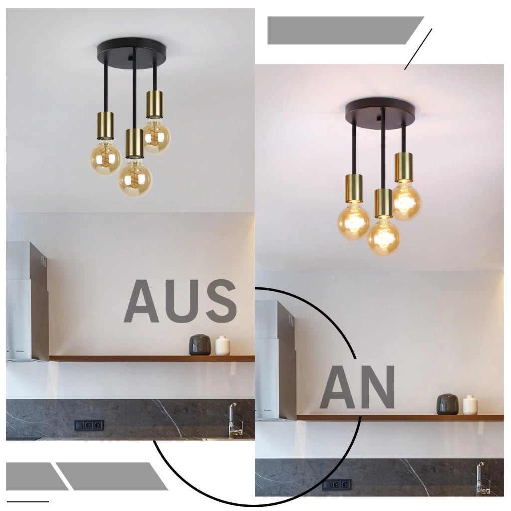 ZMH Faretto da soffitto 3 luci E27 nero oro stile industriale retrò moderno max 25W per ristoranti cucine