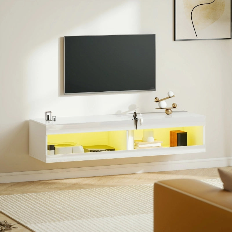 Mobile porta TV sospeso con LED RGB e 2 vani aperti per soggiorno in legno bianco lucido 140 × 40 × 30 cm