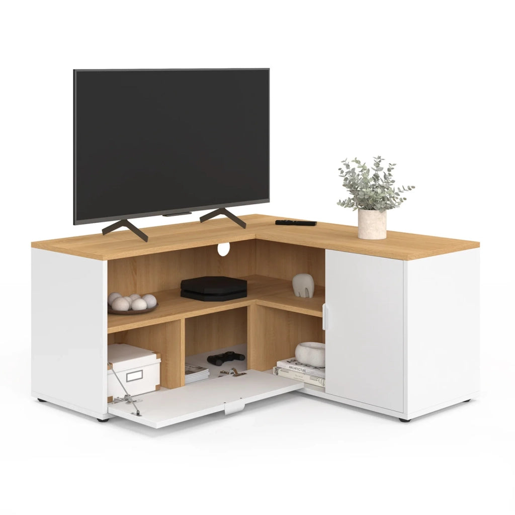 IDMarket - Mobile TV angolare BALTAZAR 90 x 90 cm in faggio e bianco