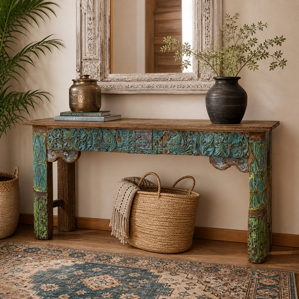 Consolle in legno con finitura artigianale marrone, 154x38x76h cm