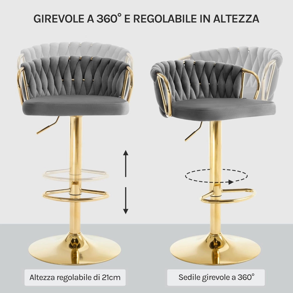 Sgabello da Cucina Altezza Regolabile, Sgabello da Bar in Velluto, Girevole a 360°, con Base in Metallo e Poggiapiedi, Nero