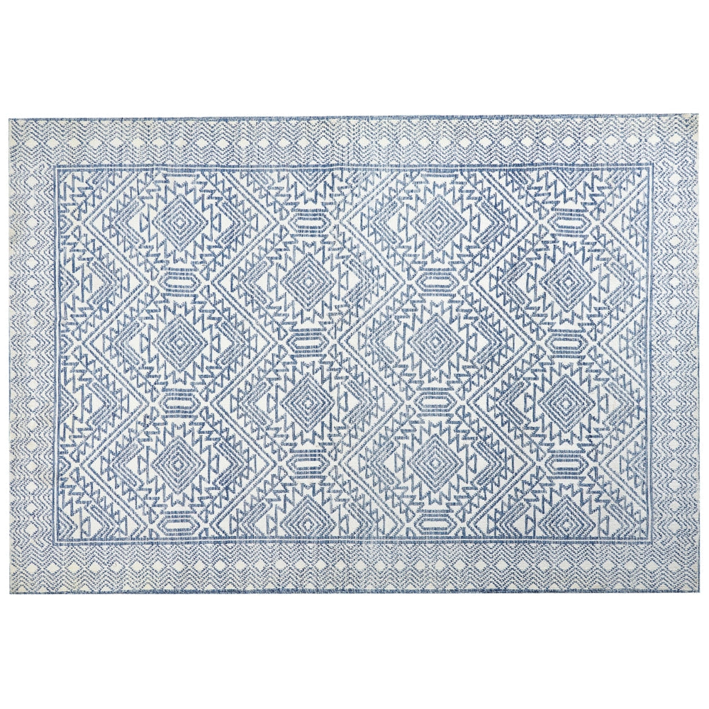 Tappeto da salotto moderno con motivo geometrico blu e bianco 160 x 230 cm soggiorno camera da letto