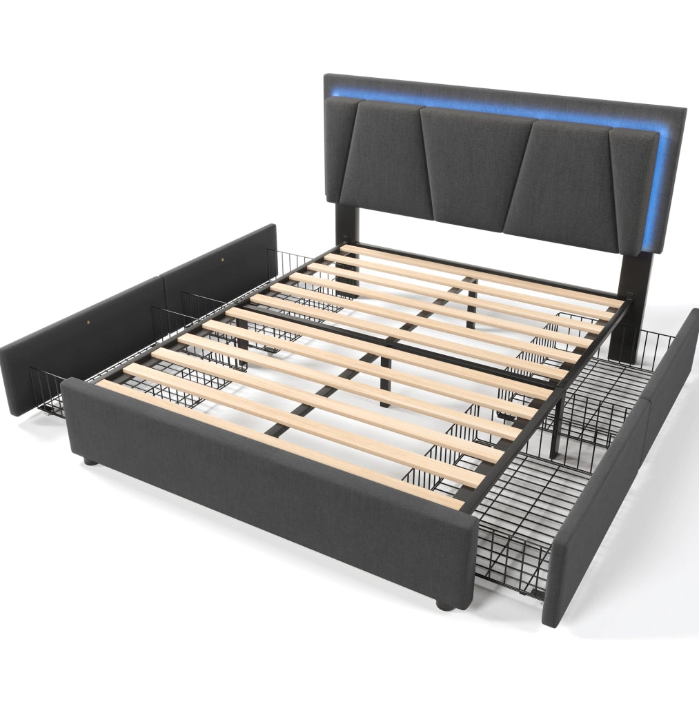 Letto contenitore 160x200 cm con LED, 4 cassetti e testiera regolabile