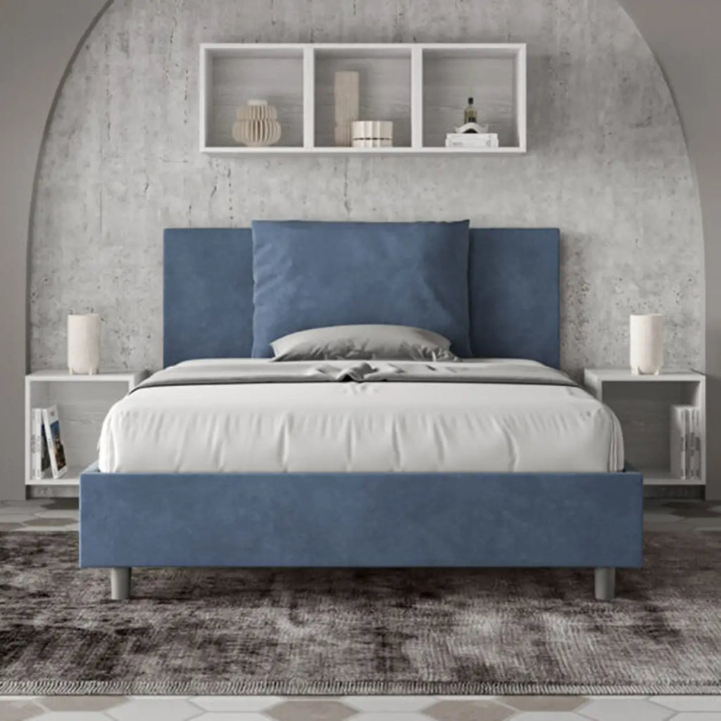 Letto matrimoniale francese con rete imbottito 140x200 microfibra blu Antea