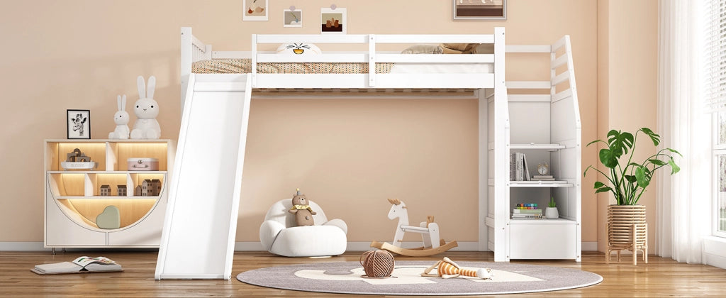Letto a soppalco per bambini 90 × 200 cm con scivolo, scala contenitore, certificato EN747, senza materasso, bianco