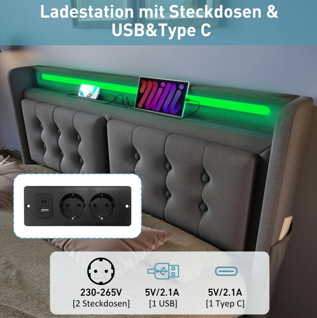Letto matrimoniale 180x200 cm con LED, prese USB-C e contenitore
