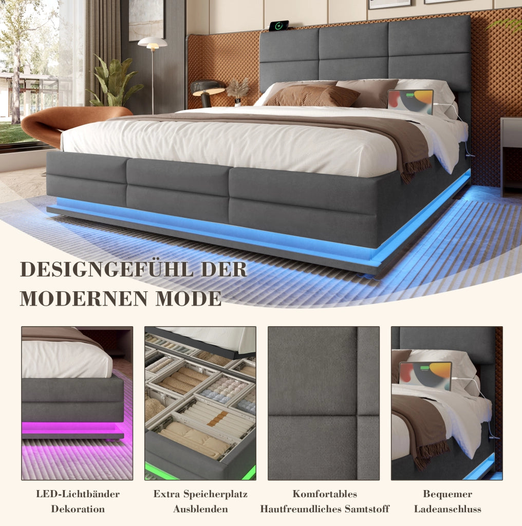 LETTO imbottito 140x200 cm in velluto grigio scuro con USB, LED e sollevamento idraulico