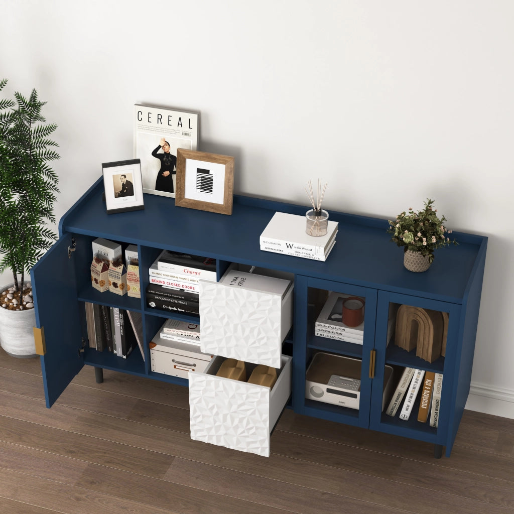 Credenza con 2 Cassetti; 2 Vani a Giorno e 2 Ante in Vetro; Stile Moderno; in MDF; Blu