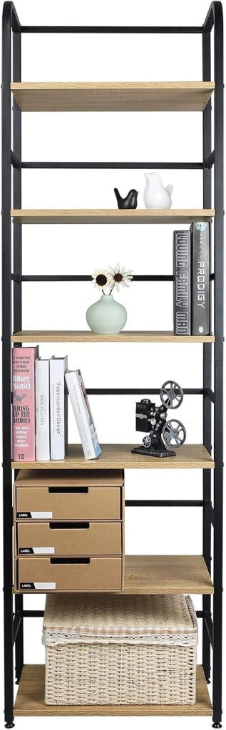 Scaffale Libreria a 6 Livelli, Libreria Verticale Struttura in Metallo, per Soggiorno/Camera da Letto/Studio, 50x30x176cm, Nero + Rovere Chiaro, RGB11hei