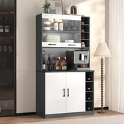 Credenza cucina moderna 100x47x187 cm con LED, ripiani regolabili e vano per microonde, bianco/grigio