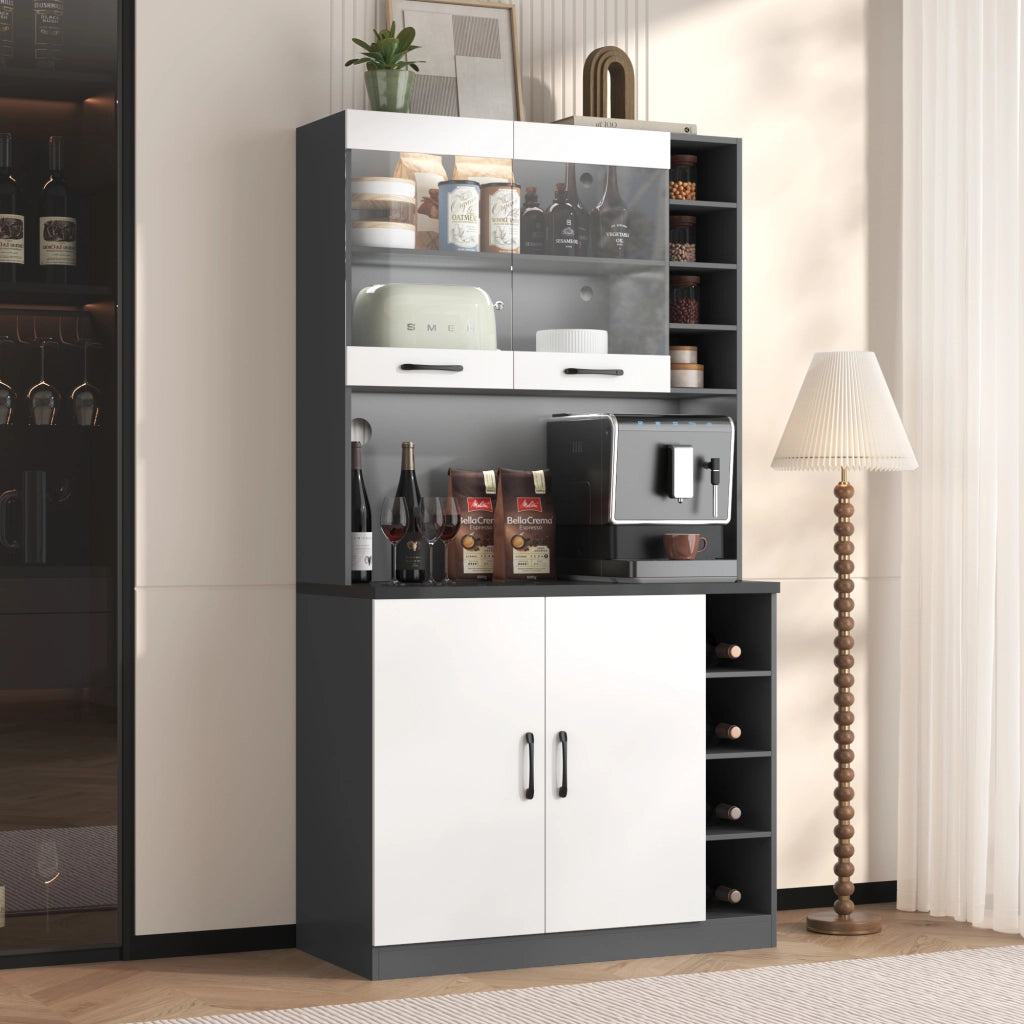 Credenza cucina moderna 100x47x187 cm con LED, ripiani regolabili e vano per microonde, bianco/grigio
