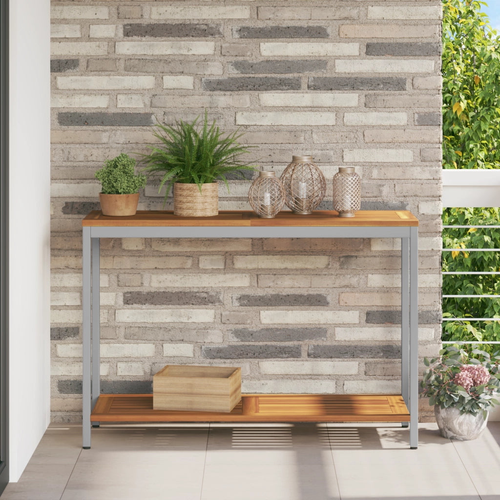 Tavolo da esterno Naturale e Grigio 35x110x75 cm Legno e Acciaio Massello