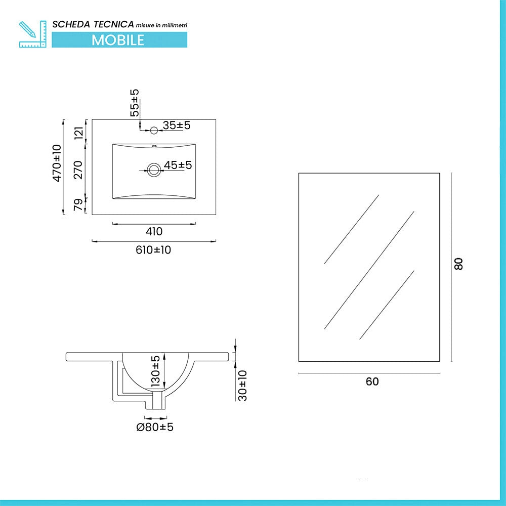 Mobile bagno sospeso 60cm rovere con cassetti lavabo e specchio Elva