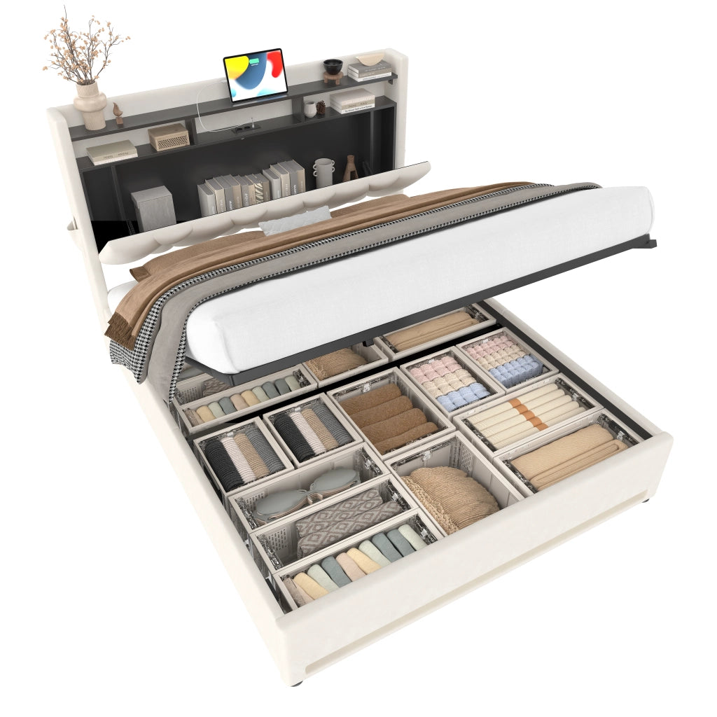 OKWISH Letto Contenitore 140×200 cm, Letto Matrimoniale con LED, USB, Type-C, Mensole e Testiera Ribaltabile, senza Materasso, Velluto Beige