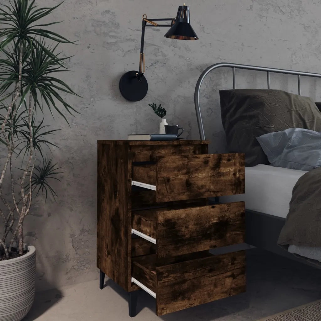 Comodino | Armadio da Notte | Mobiletto da notte con Gambe in Metallo Rovere Fumo 40x35x69 cm