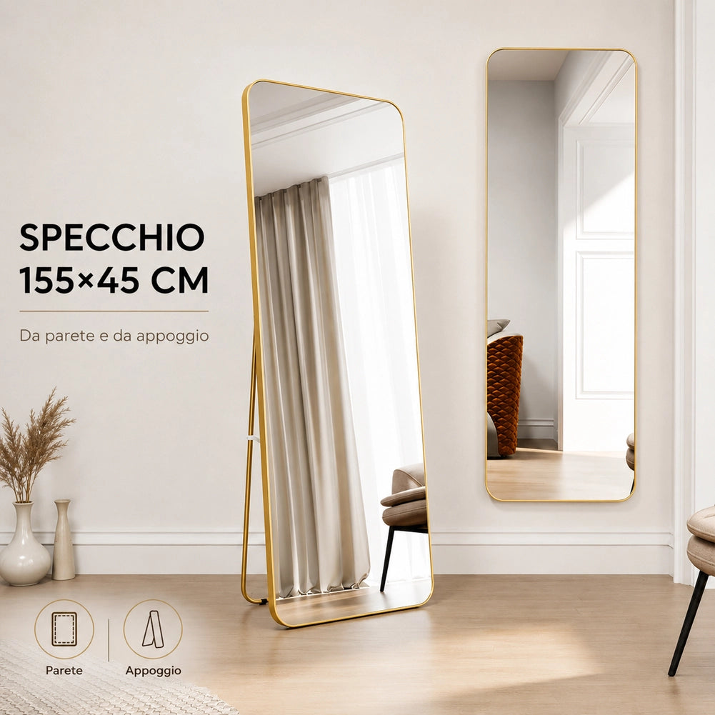 Specchio da Terra e da Muro Rettangolare Oro Decorazione Interni 155x45 cm